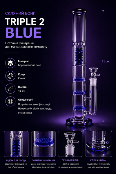 Стеклянный бонг Triple 2 Blue 11021 фото